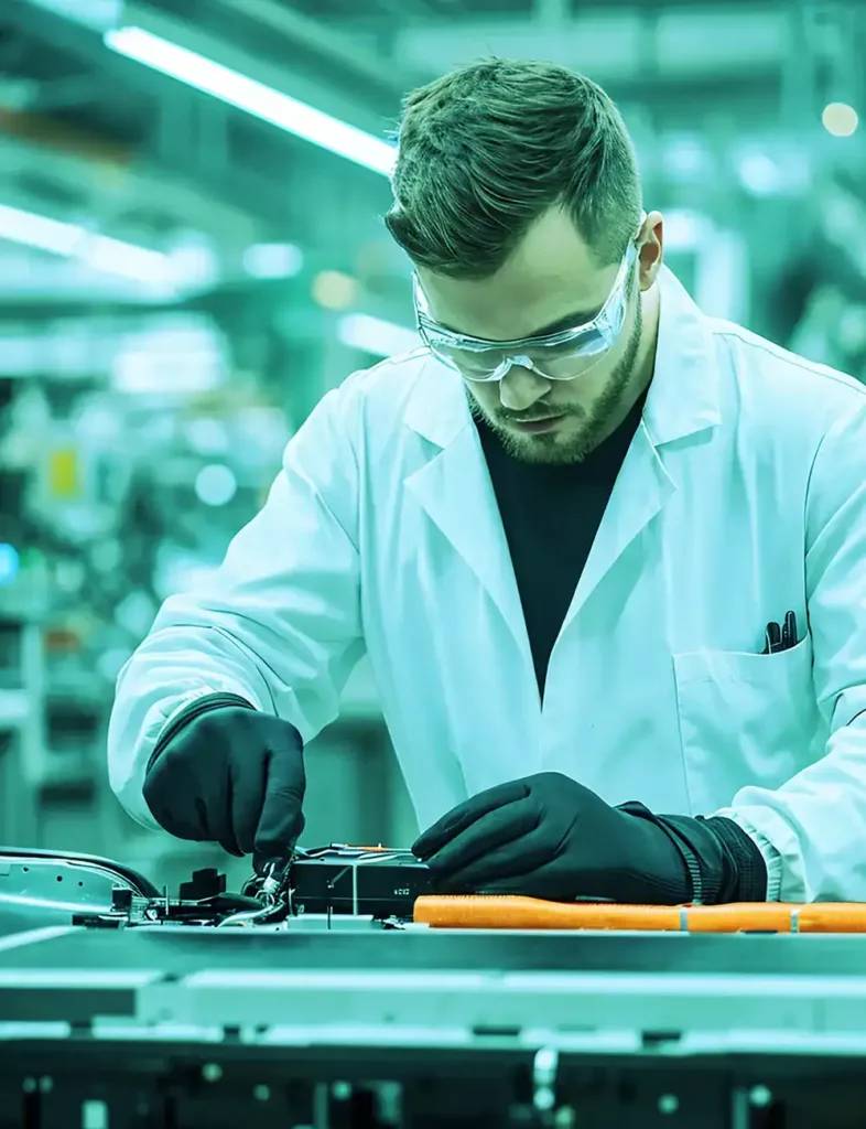A man in a lab coat and glasses constructing electrical components